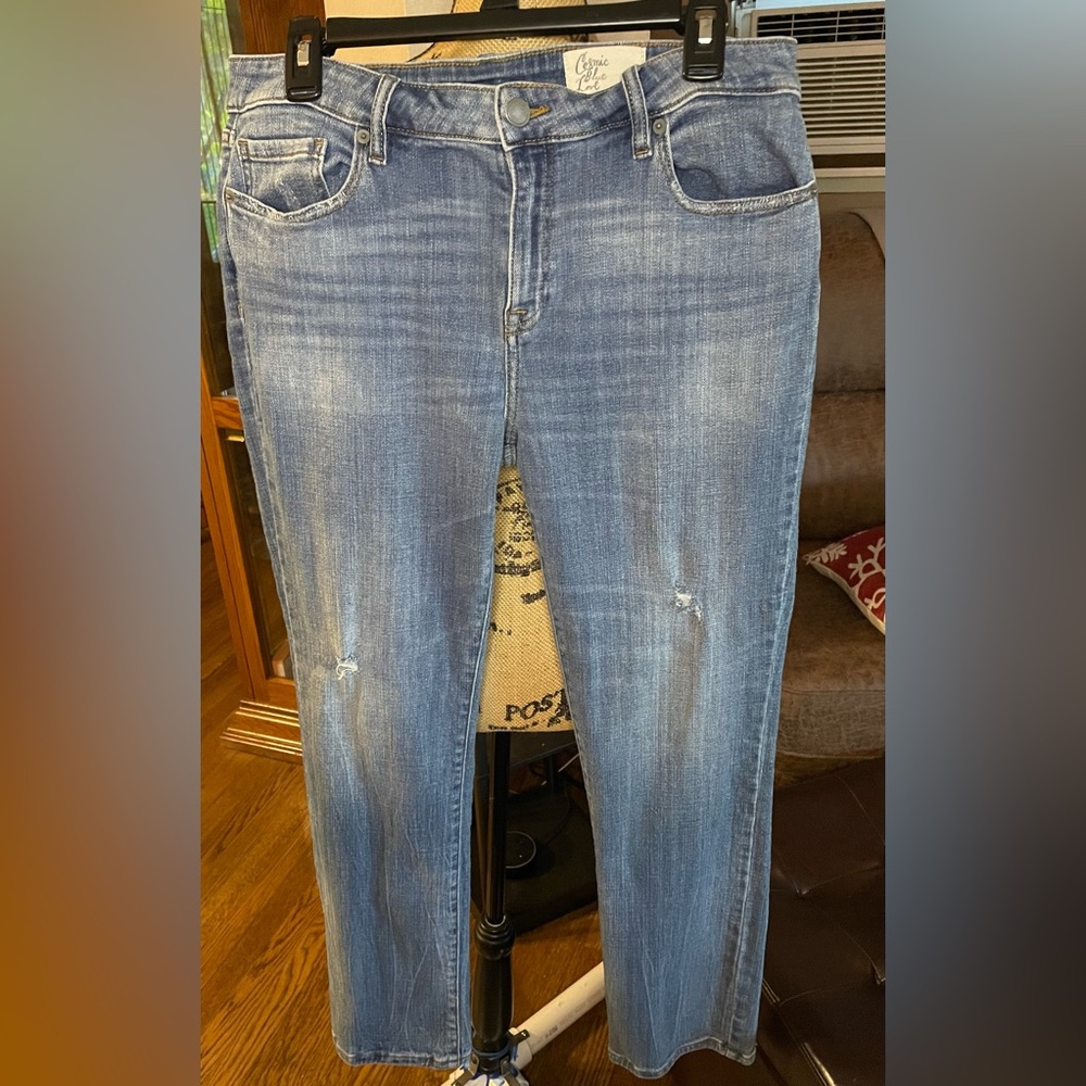 Classic Cosmic Blue Love distressed Blue Straight Leg Jeans Sz 30